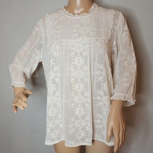 Indi & Cold Embroidered Cream Sheer Blouse Top Size Medium Ruffles 3/4 Sleeves